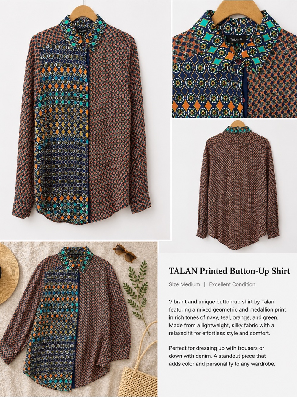 Talan Mixed Geometric & Medallion Button-Up Shirt in Navy, Teal & Orange